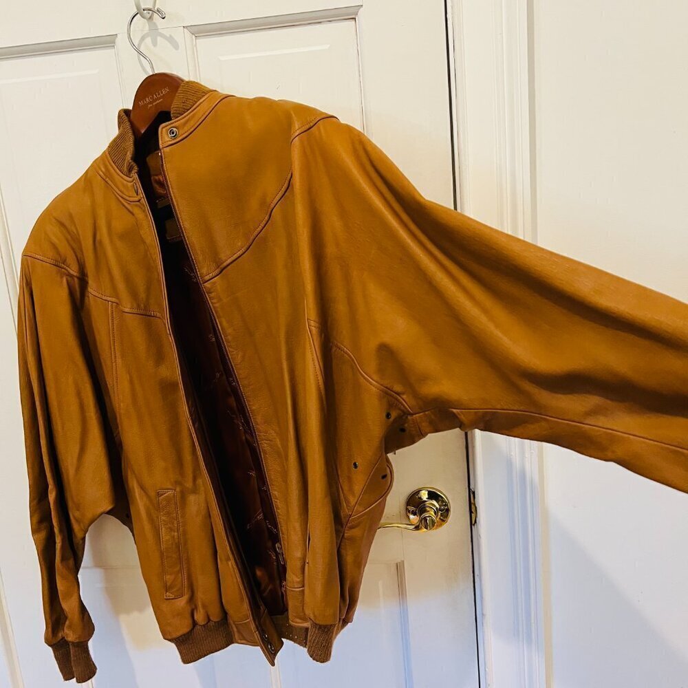 Vintage 80s 90s ETIENNE AIGNER Womens L Leather Bomber Jacket Cognac Brown 12 - Picture 5 of 16